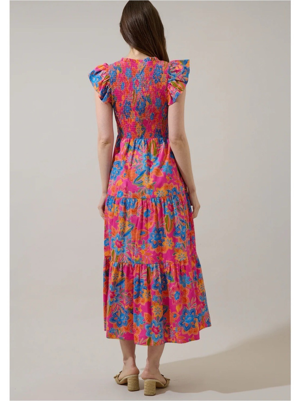 Sugarlips Floral Smocked Bodice Tiered Ruffle Midi Dress Medium - Picture 3 of 13